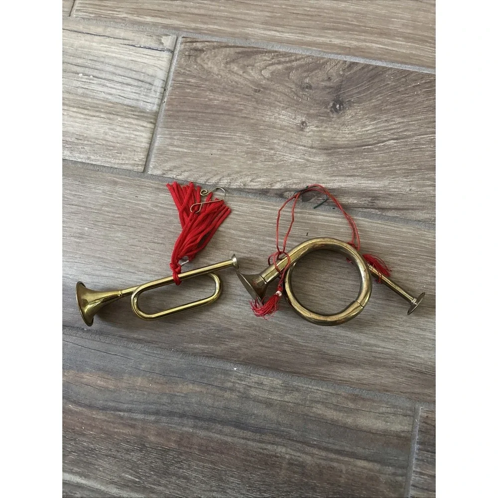 Christmas Holiday Brass Horns Musical Instruments Ornaments Set Of 2